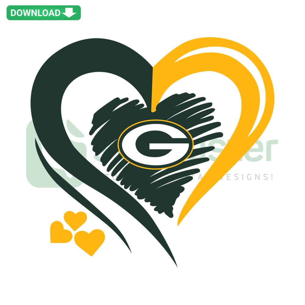 Green Bay Packers Heart Logo SVG, vector file displaying a heart-shaped design with Packers logo, perfect for crafts and print.