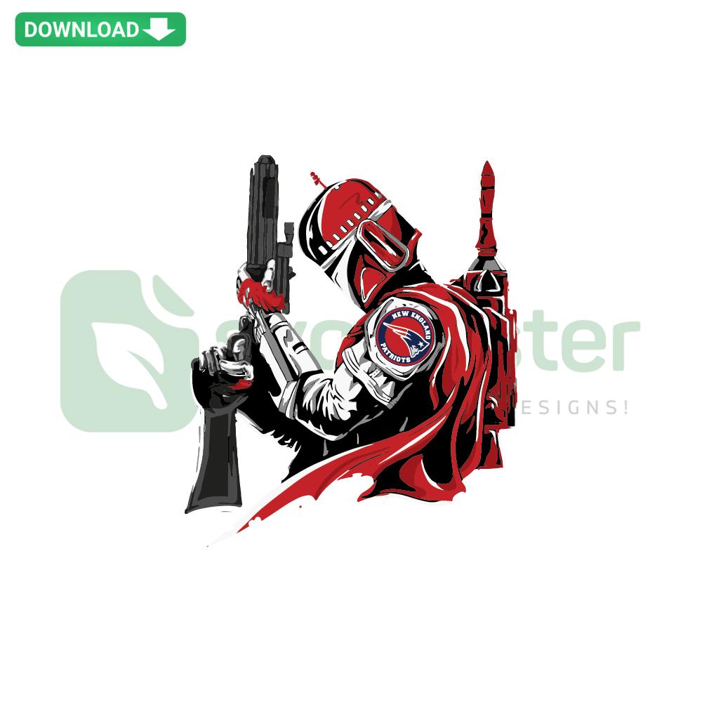 Mandalorian New England Patriots SVG design featuring a helmet-clad character with team logo, available for instant digital download.