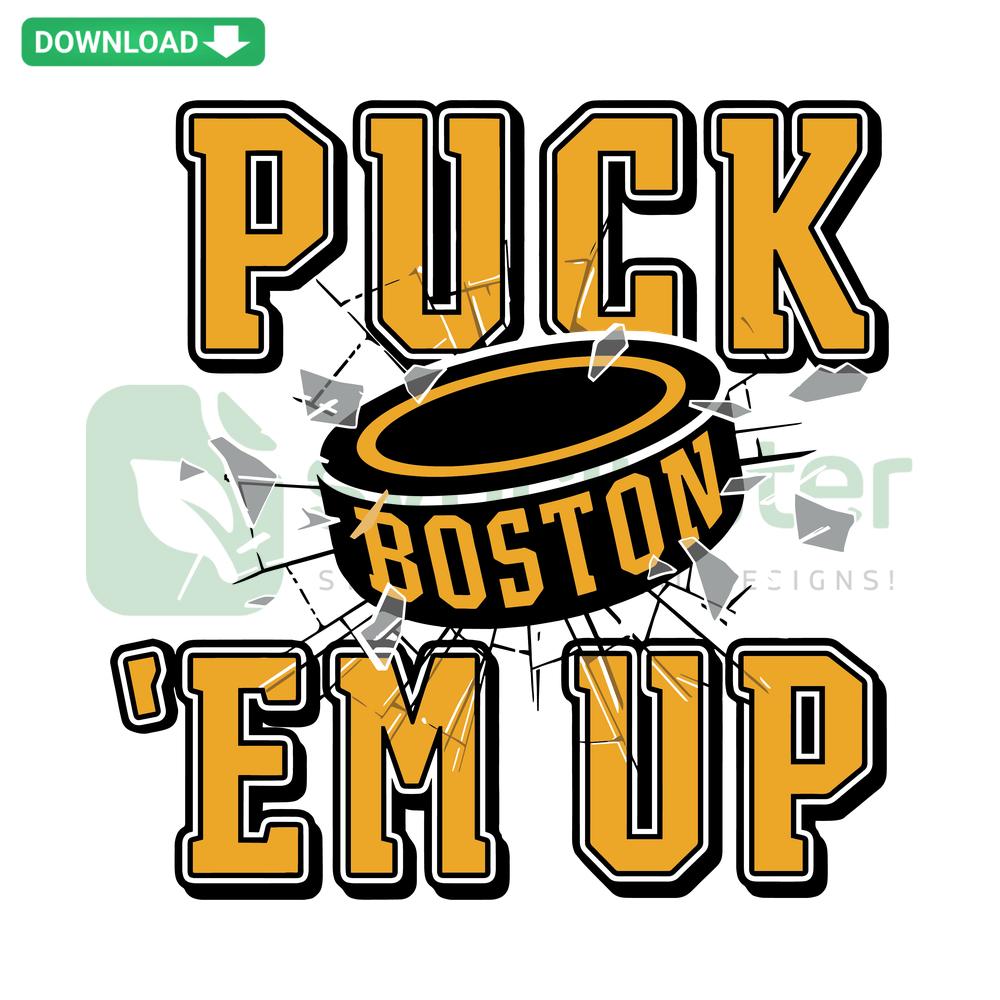 Boston Bruins NHL SVG with text Puck Em Up, hockey sticks, and team colors, perfect for printing and crafting designs.