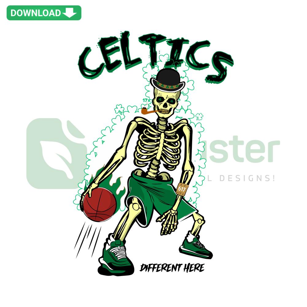 Celtics-themed SVG with a skeleton playing basketball, high-resolution digital art for Cricut, perfect for sports crafts.