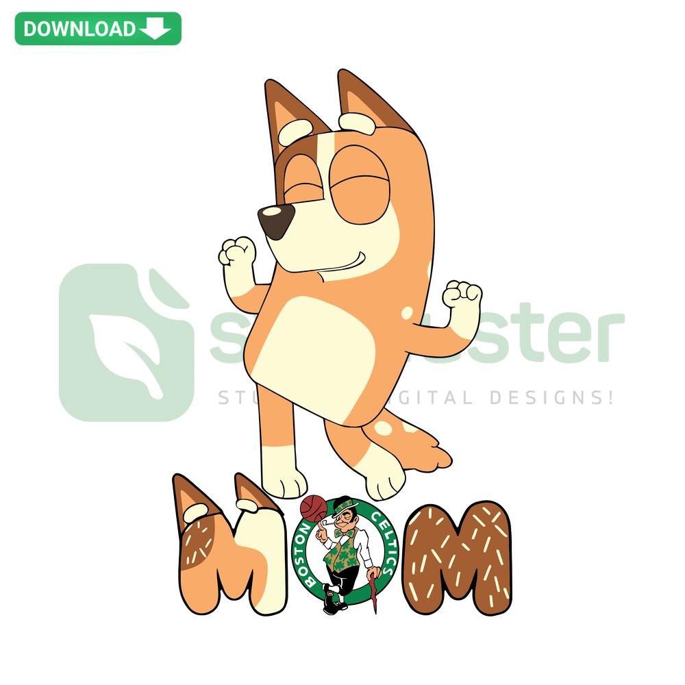 Bluey Mom Boston Celtics SVG: Adorable cartoon mom in Celtics jersey, holding basketball. Digital download, printable design.