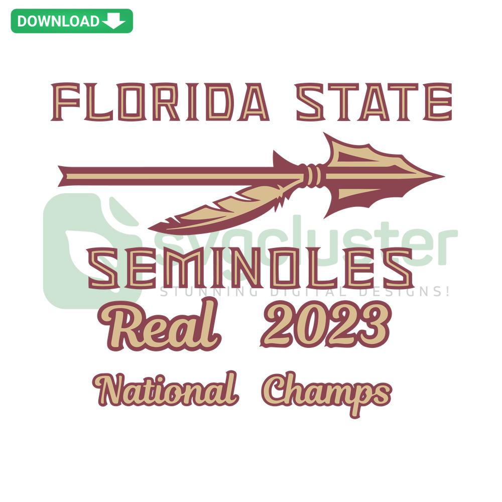 Florida State Seminole Real 2023 National Champs SVG Design - Celebrate victory with bold emblems and festive colors, perfect for printables.