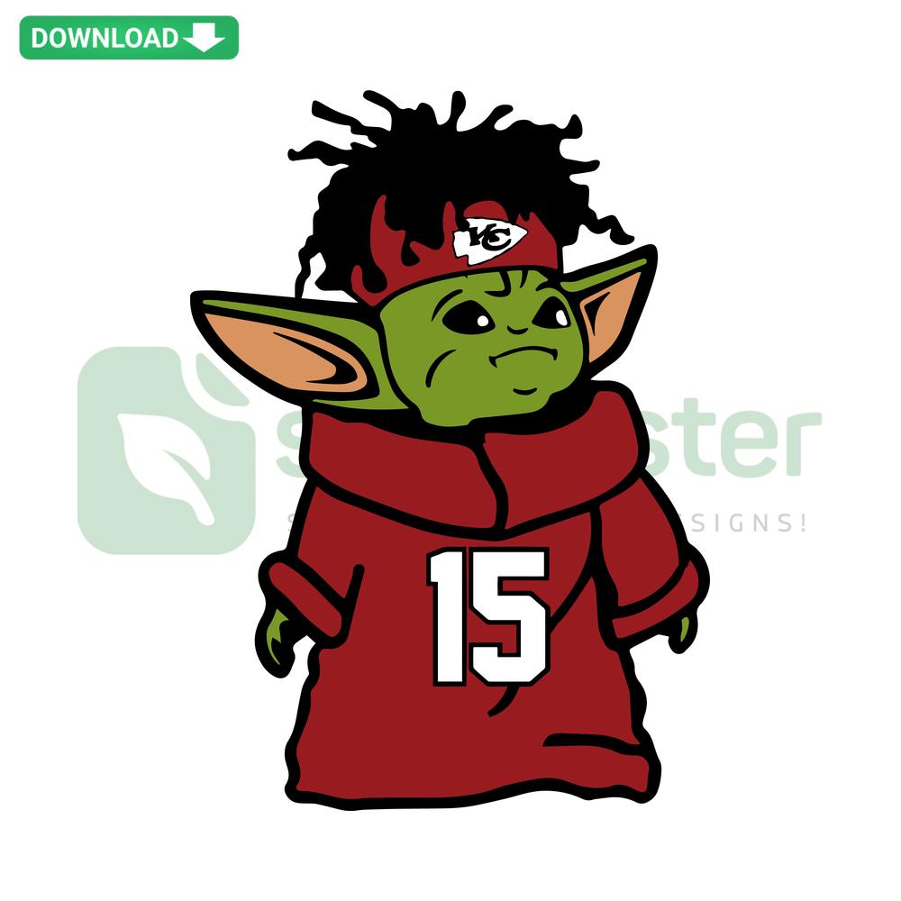 Baby Yoda Mahomes in Kansas City Chiefs Logo SVG, perfect for Cricut/Silhouette projects, ideal for fans and crafting.