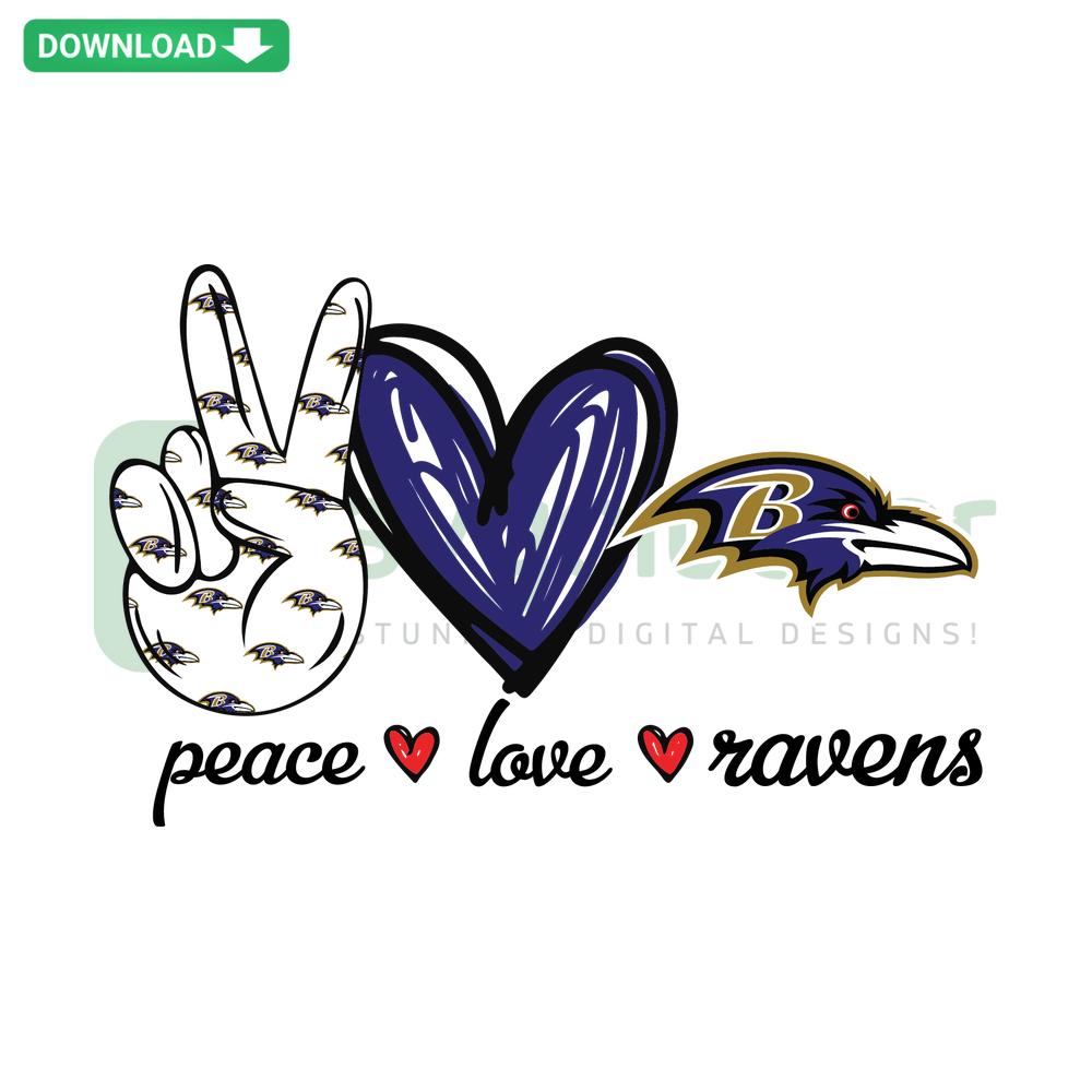 Peace Love Ravens SVG design featuring peace sign, heart, and raven, perfect for craft patterns. Digital download available.