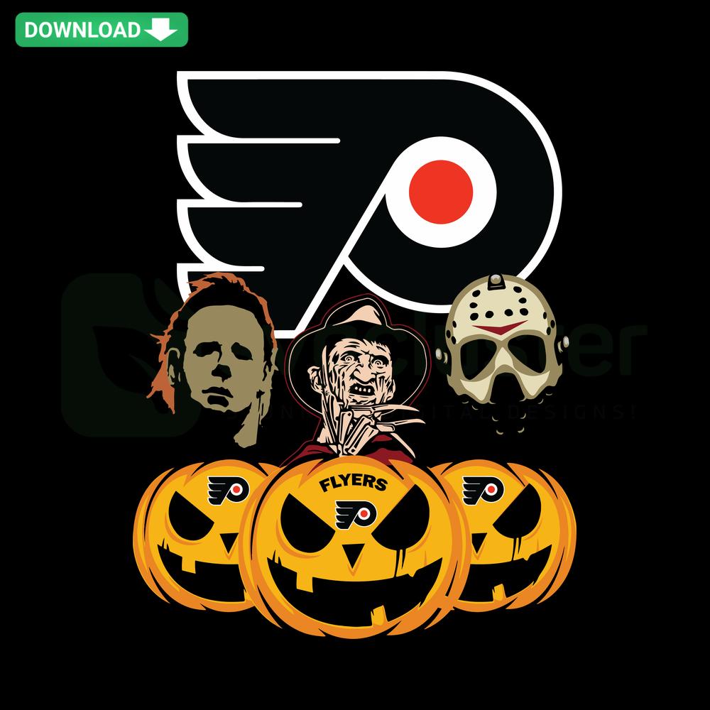 Philadelphia Flyers Halloween SVG featuring horror movie-themed pumpkin design, instant digital download, unique decor clipart.