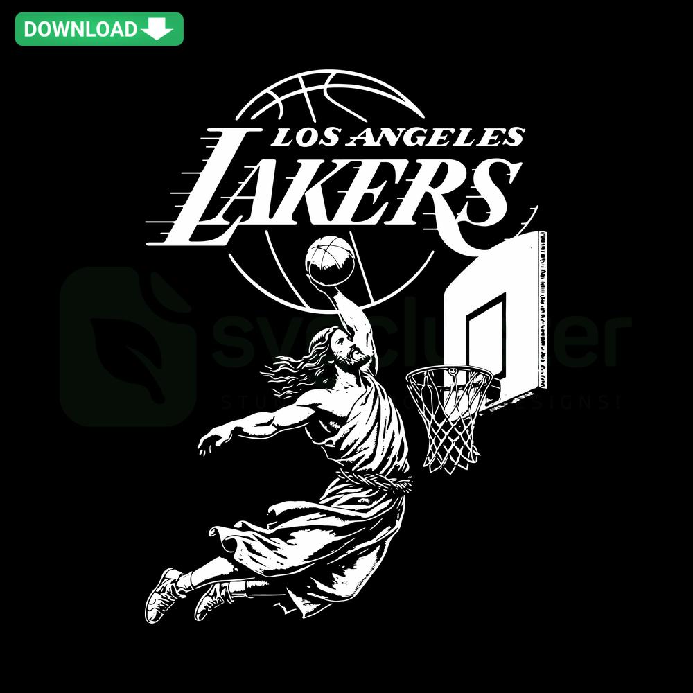 Cartoon Jesus in Los Angeles Lakers jersey dunking basketball, SVG art download, funny sports design, basketball-themed SVG.