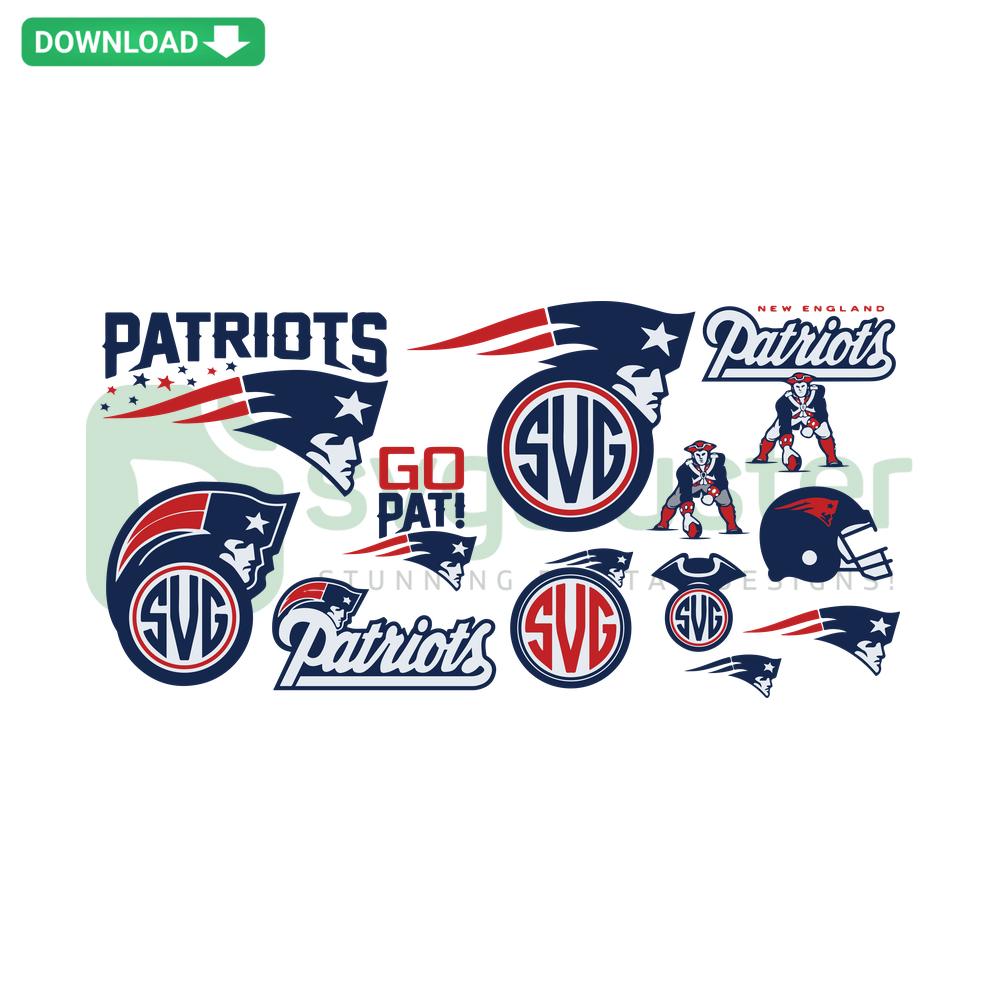 Patriots Football NFL Bundle SVG includes team logos, helmets, and football graphics for scrapbooking sports-themed projects.