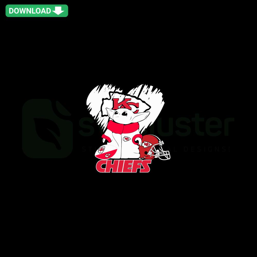 Baby Yoda wearing Kansas City Chiefs gear, holding a heart. Perfect for sports SVG projects, high-quality digital file.