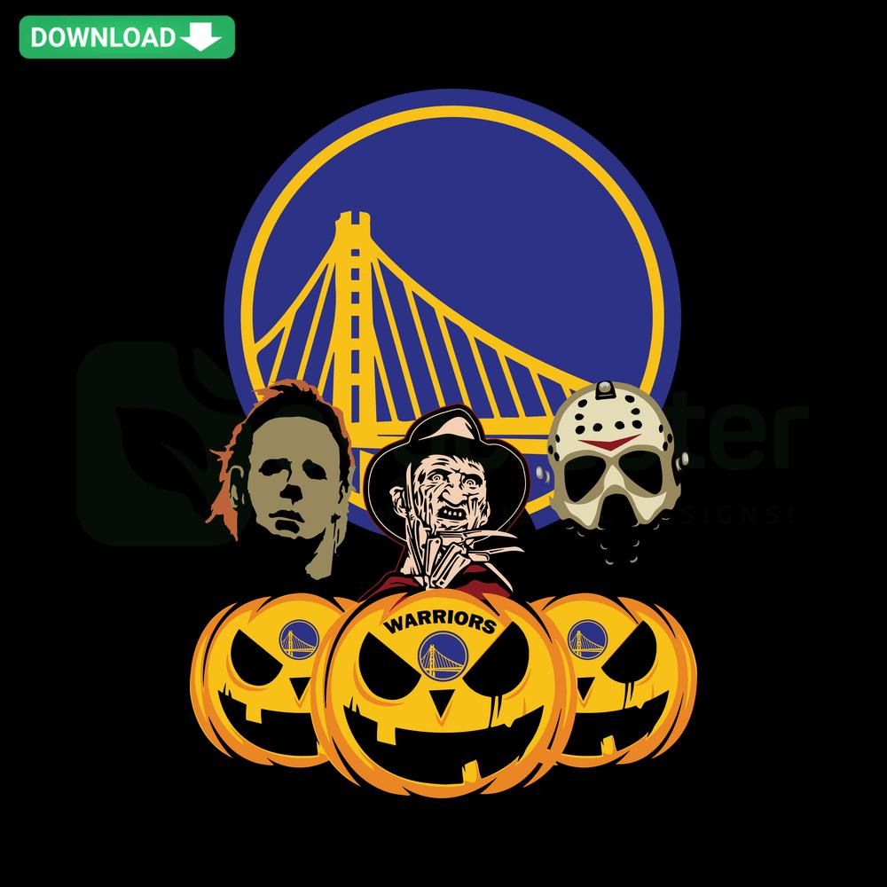 Golden State Warriors logo on horror-themed pumpkin design, perfect for Halloween SVG download, featuring unique horror movie elements.