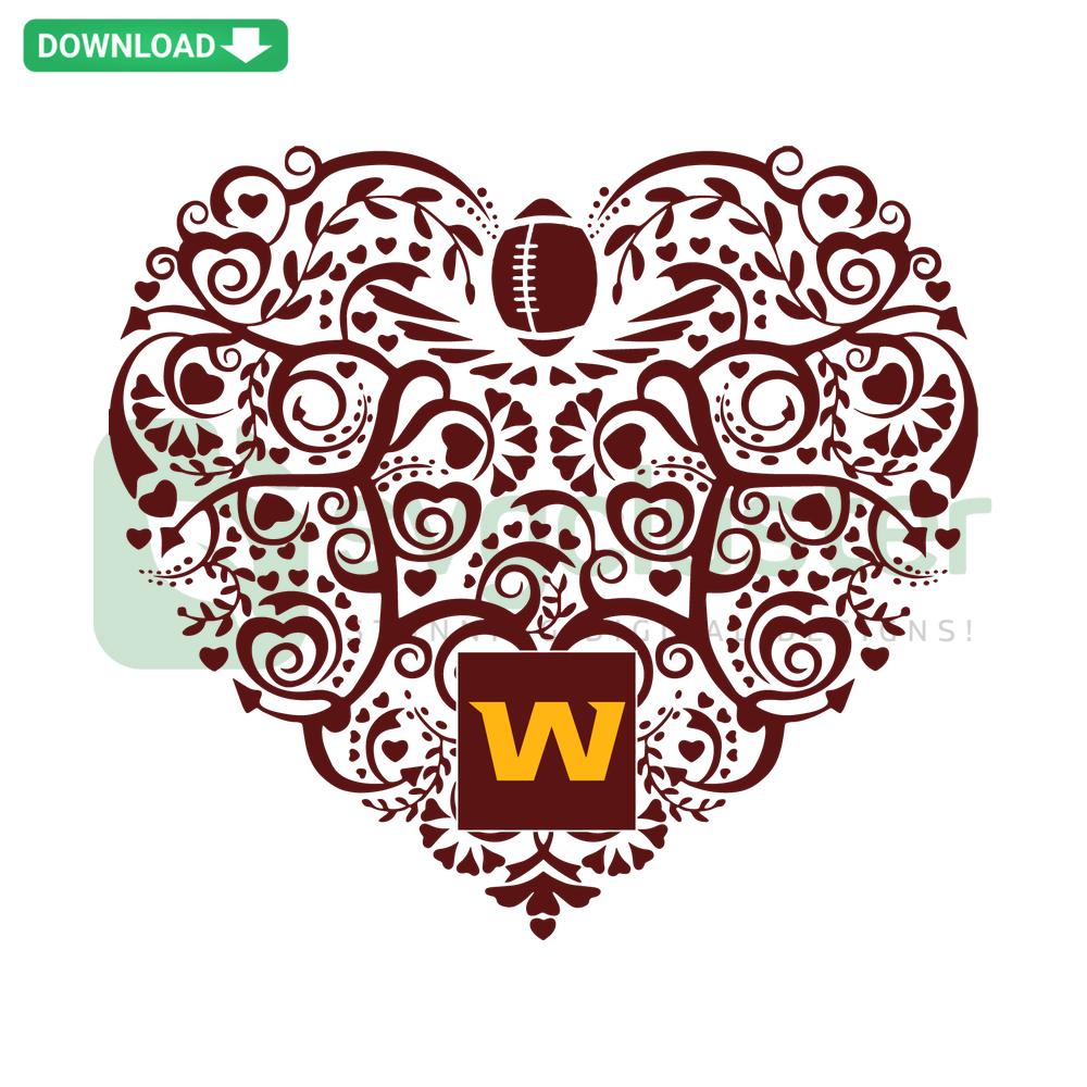 Heart-shaped Washington Football Team SVG design, ideal for Cricut projects, features team colors and logo, instant download available.