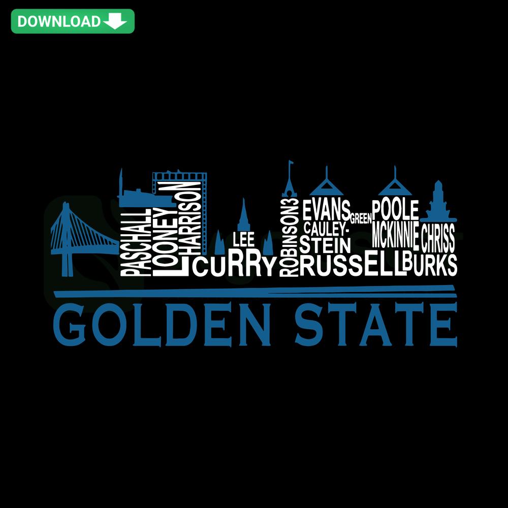 Golden State Team Skyline Names SVG: stylized text design featuring iconic California city names, ideal for graphic designers, SVG use.