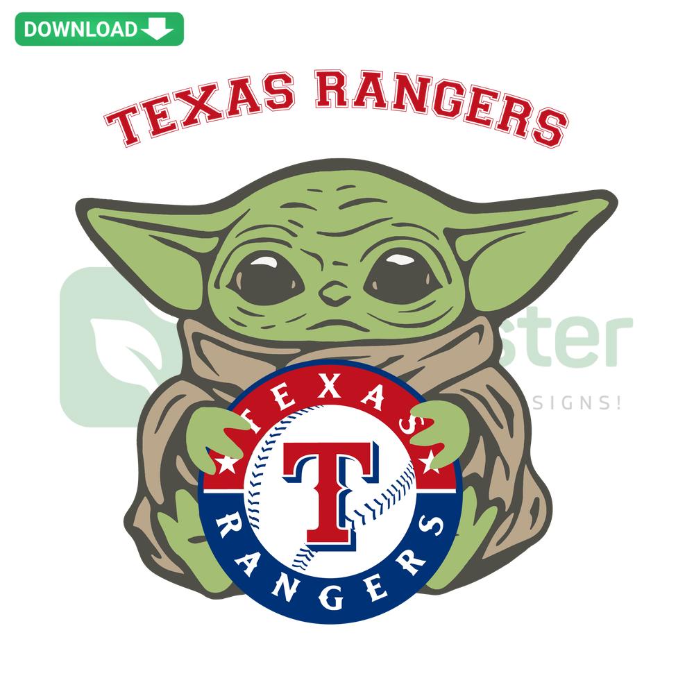 Texas Rangers Baby Yoda SVG, MLB-themed Baby Yoda, SVG digital download, SVGCluster, cute Baby Yoda with Texas Rangers logo.