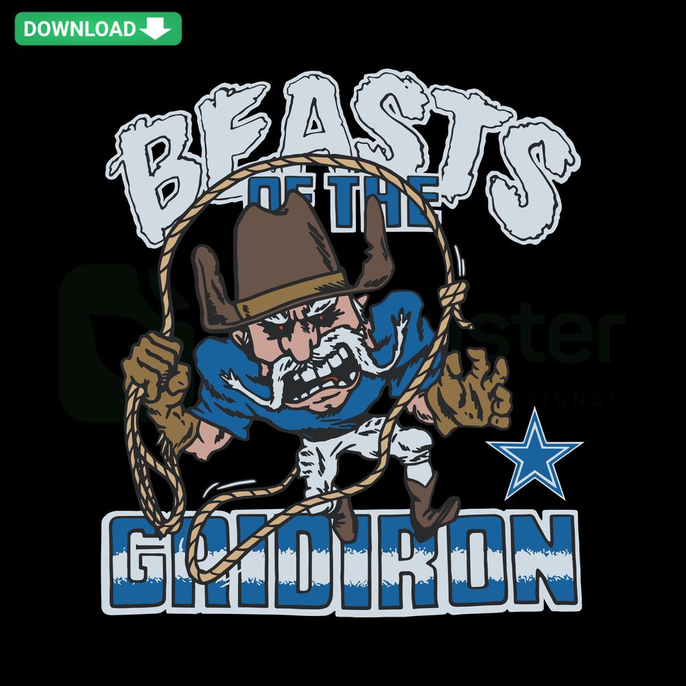 Dallas Cowboys Beasts Of The Gridiron SVG: Bold navy and silver typography with fierce bullhorns, perfect for fans' digital projects.