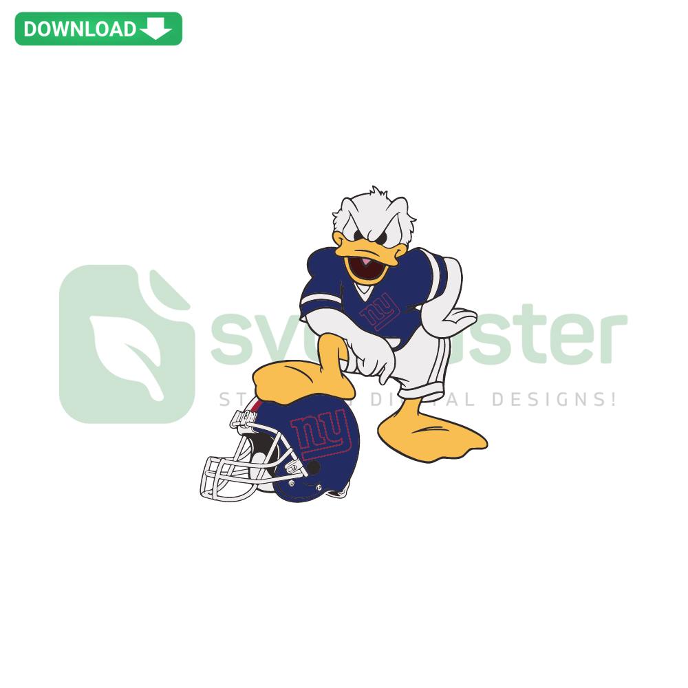 Donald Duck in New York Giants gear SVG, perfect for custom T-shirts; digital download vector file, sports-themed cartoon design.