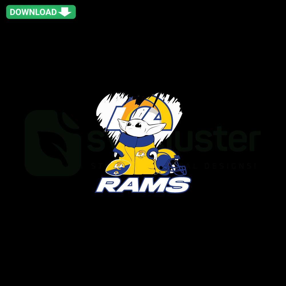 Baby Yoda Los Angeles Rams SVG, cute cartoon character holding a Rams flag, premium digital download, sports fan graphics
