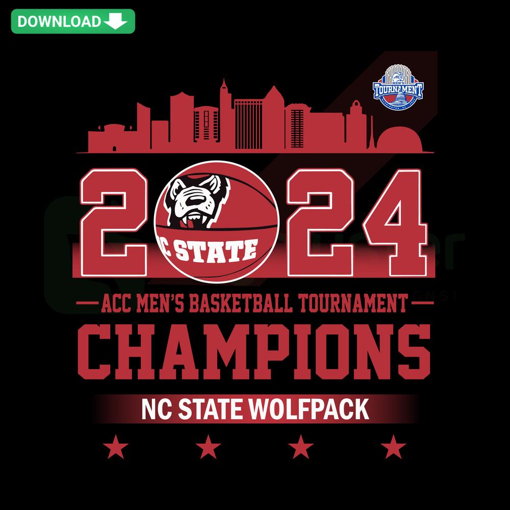 NC State Wolfpack 2024 ACC Men's Basketball Champions SVG; bold red and white graphics; instant download digital design.