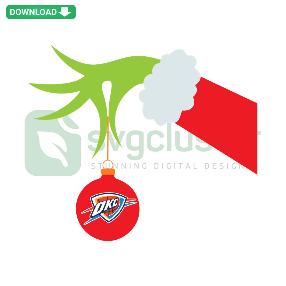 Grinch Hand Holding Oklahoma City Thunder Ornament SVG, Christmas Design, SVG Design Resources, Festive Basketball-Themed Art