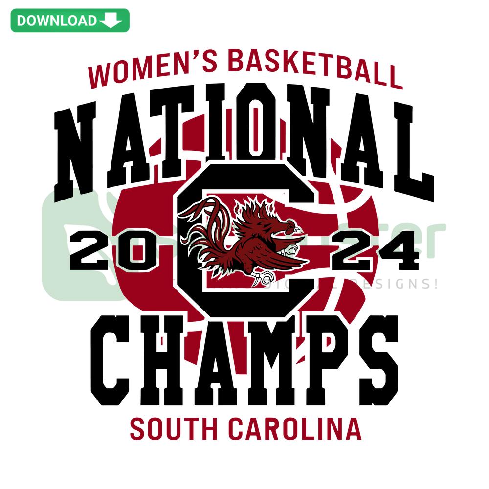 South Carolina Gamecocks National Champs 2024 SVG, bold text with team logo, SVGCluster Digital Assets, sports memorabilia design.