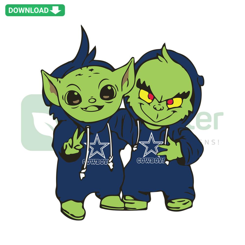 Yoda and Grinch in Dallas Cowboys gear, SVG digital download, perfect for sports-themed crafts, cut files for Cricut, Cowboys fans SVG.