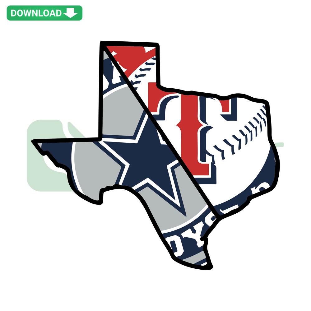 Dallas Cowboys Texas Rangers SVG logo map; digital download showcasing team logos interwoven within Texas state map outline.