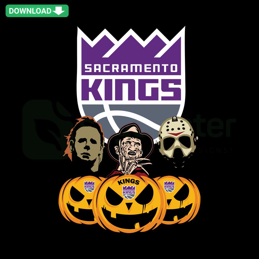 Sacramento Kings themed pumpkin SVG design featuring horror movie elements for Halloween. Instant download SVG files.