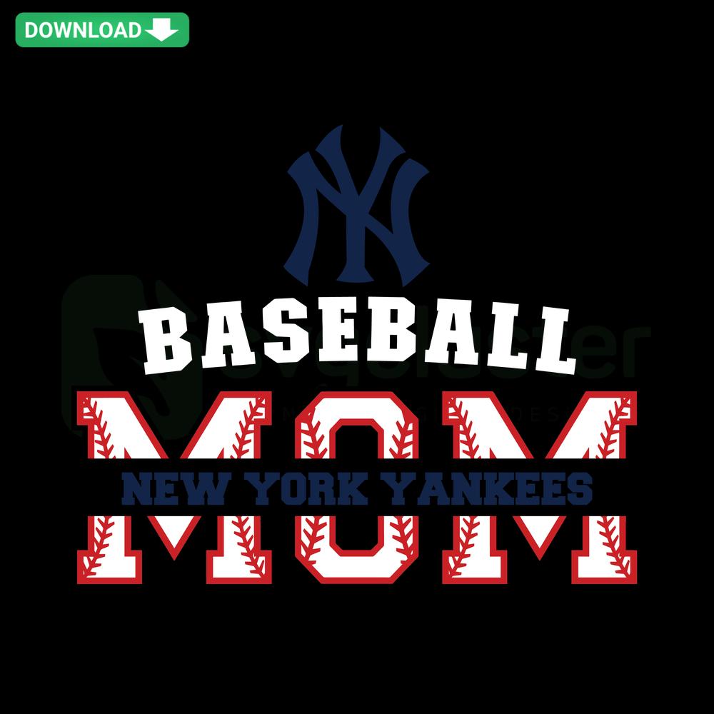 Baseball Mom New York Yankees SVG with blue script, baseball icon; perfect for digital download, printable craft projects.