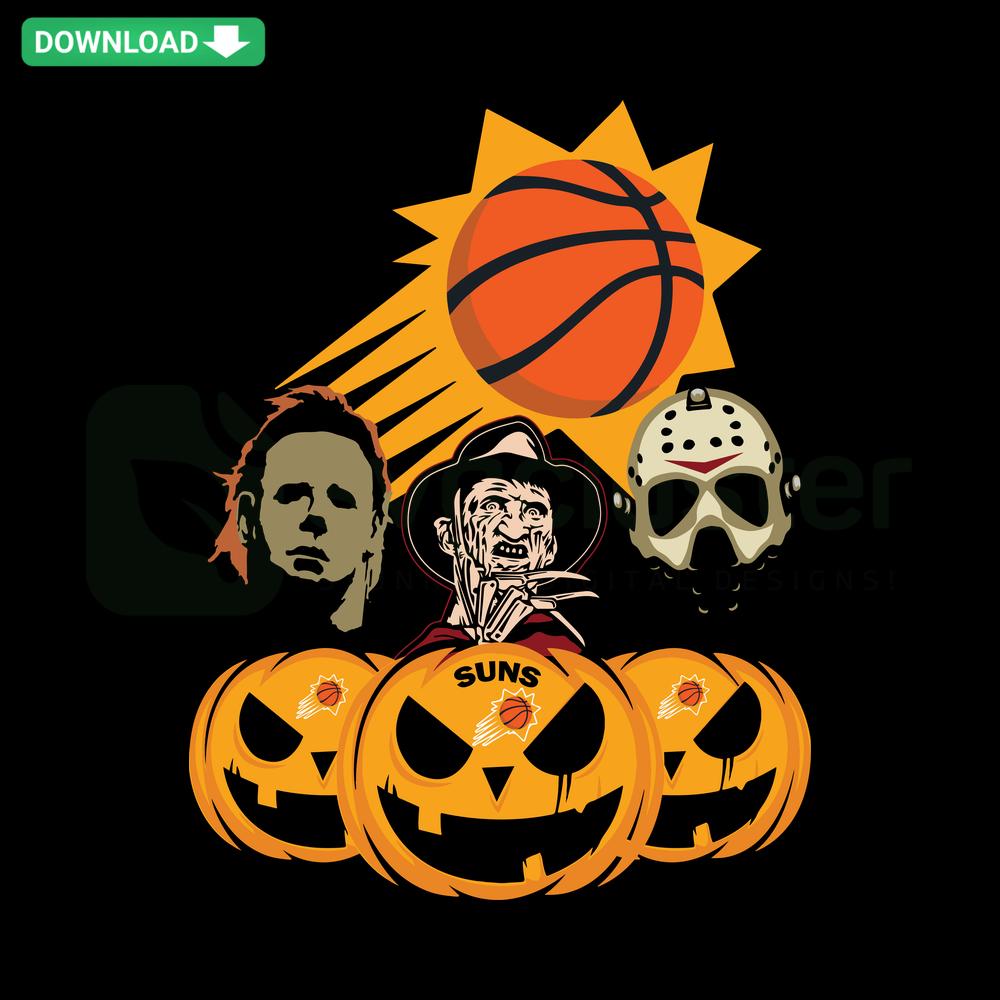 Phoenix Suns logo carved on Halloween pumpkin with horror movie theme, SVG design for wall art decor.