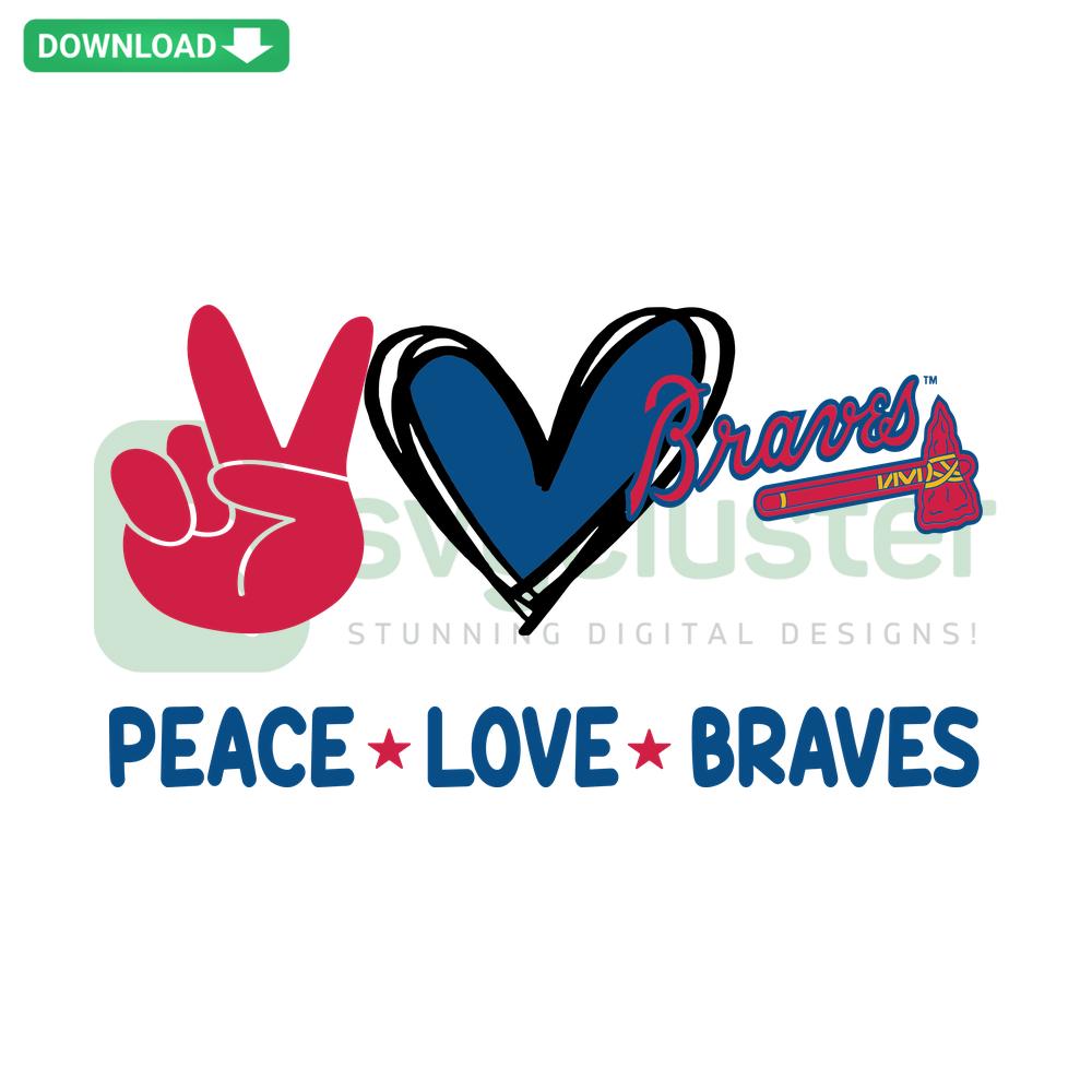 Peace Love Braves SVG: Editable Cricut digital design featuring peace sign, heart, and Braves logo elements.