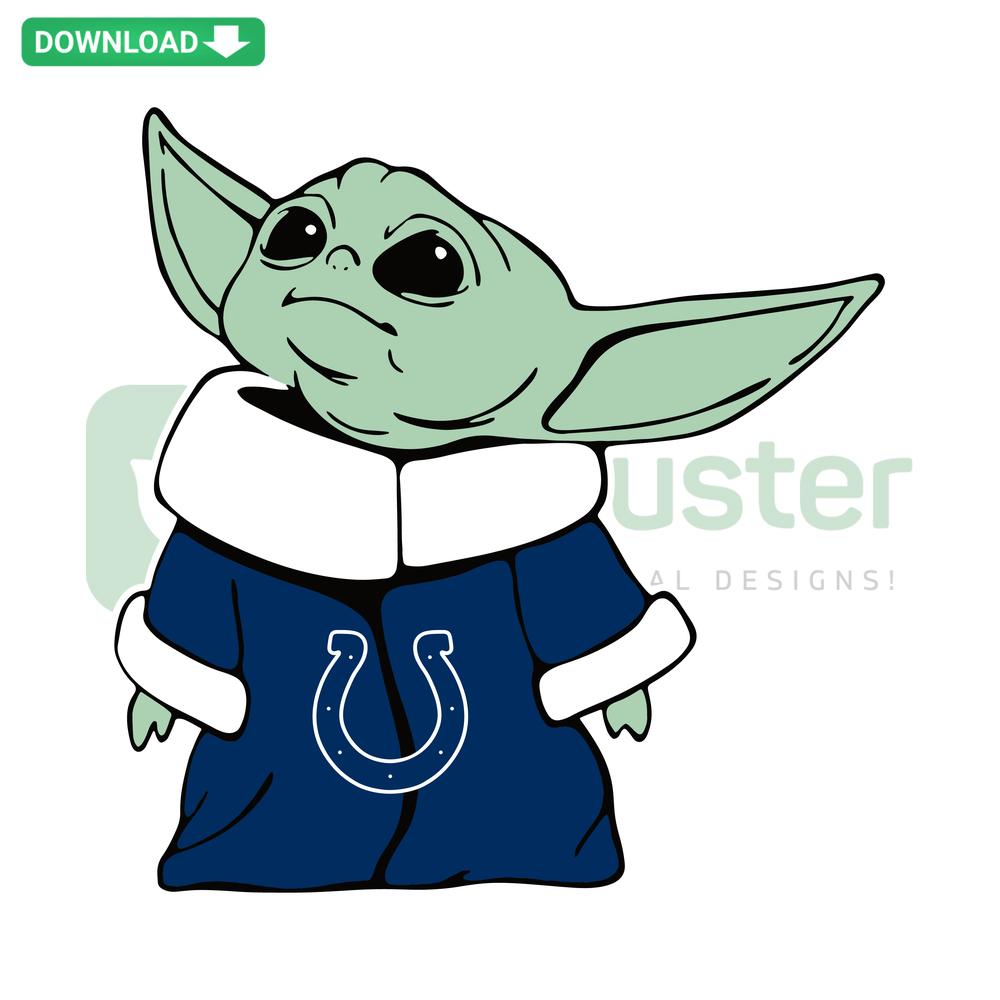 Indianapolis Colts Baby Yoda SVG, NFL-themed high-res design, perfect for fans, featuring cute Baby Yoda in Colts gear.