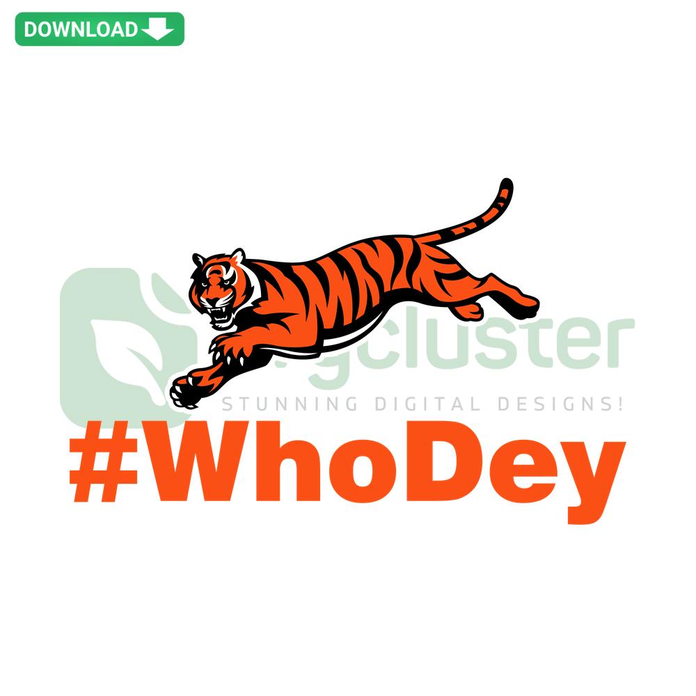 Who Dey Bengals SVG file: bold lettering in black and orange with stripes, compatible with Cricut and Silhouette.