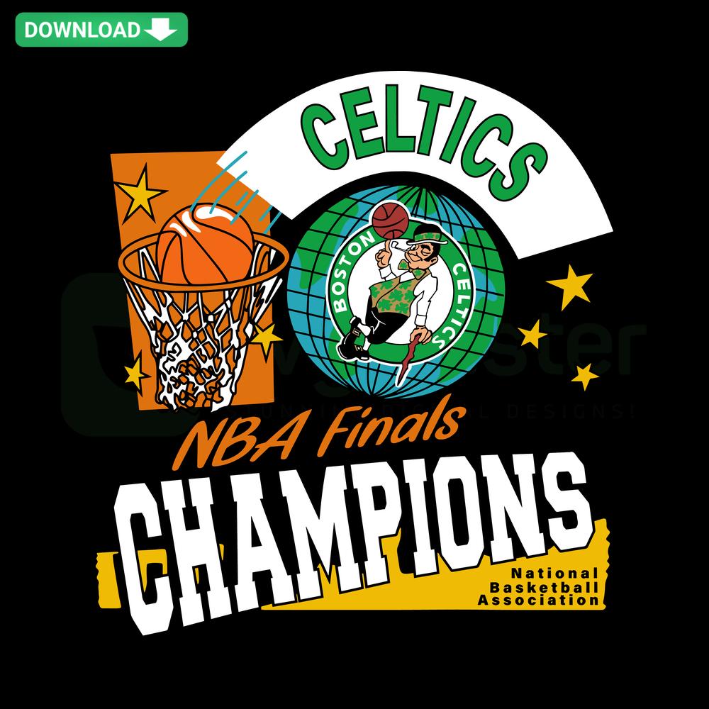 Boston Celtics NBA Finals Champions SVG, featuring team logo and text, digital download, basketball graphic design.