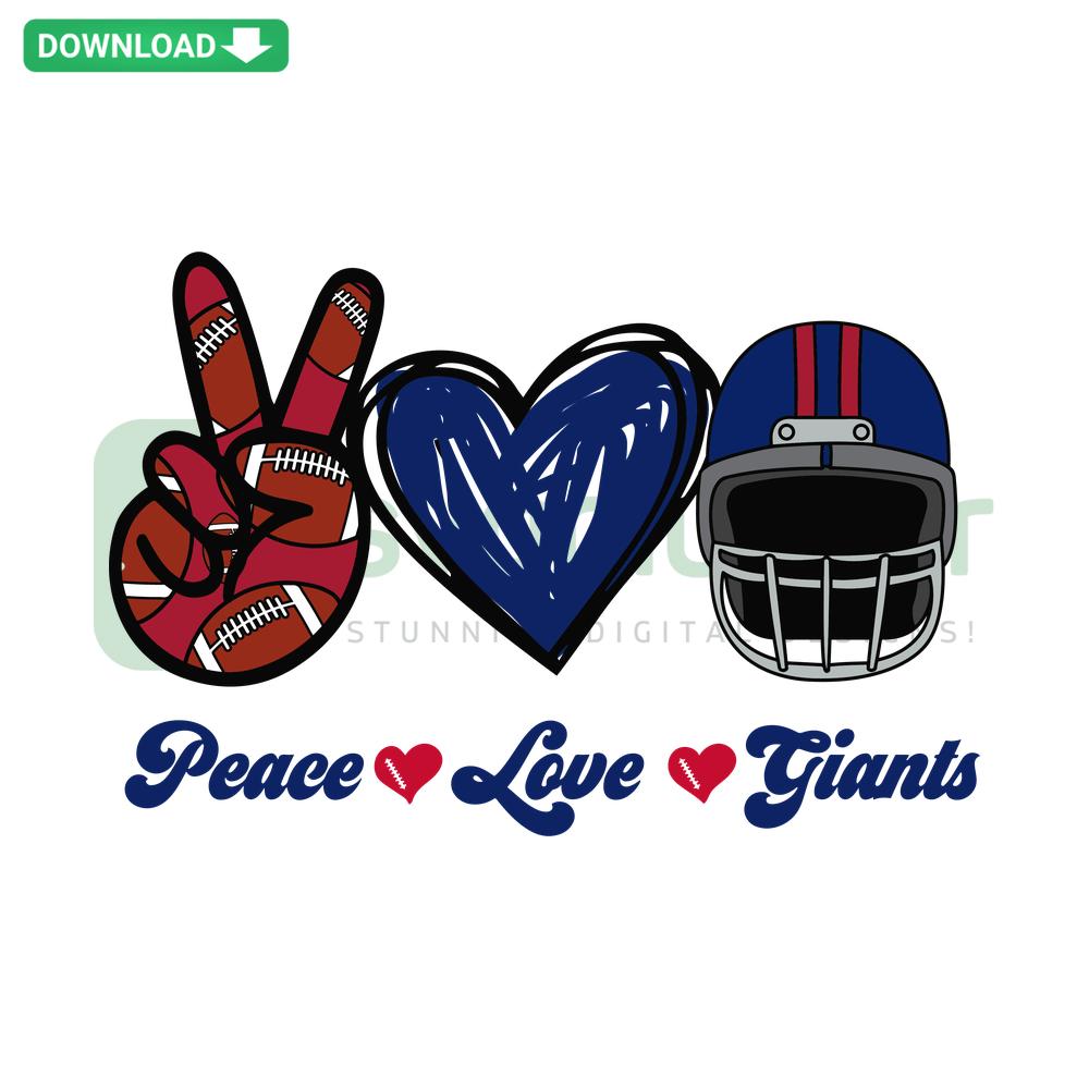 Colorful Peace Love Giants SVG with peace sign, heart, and football graphics. Digital download, perfect for crafting, giants fans.