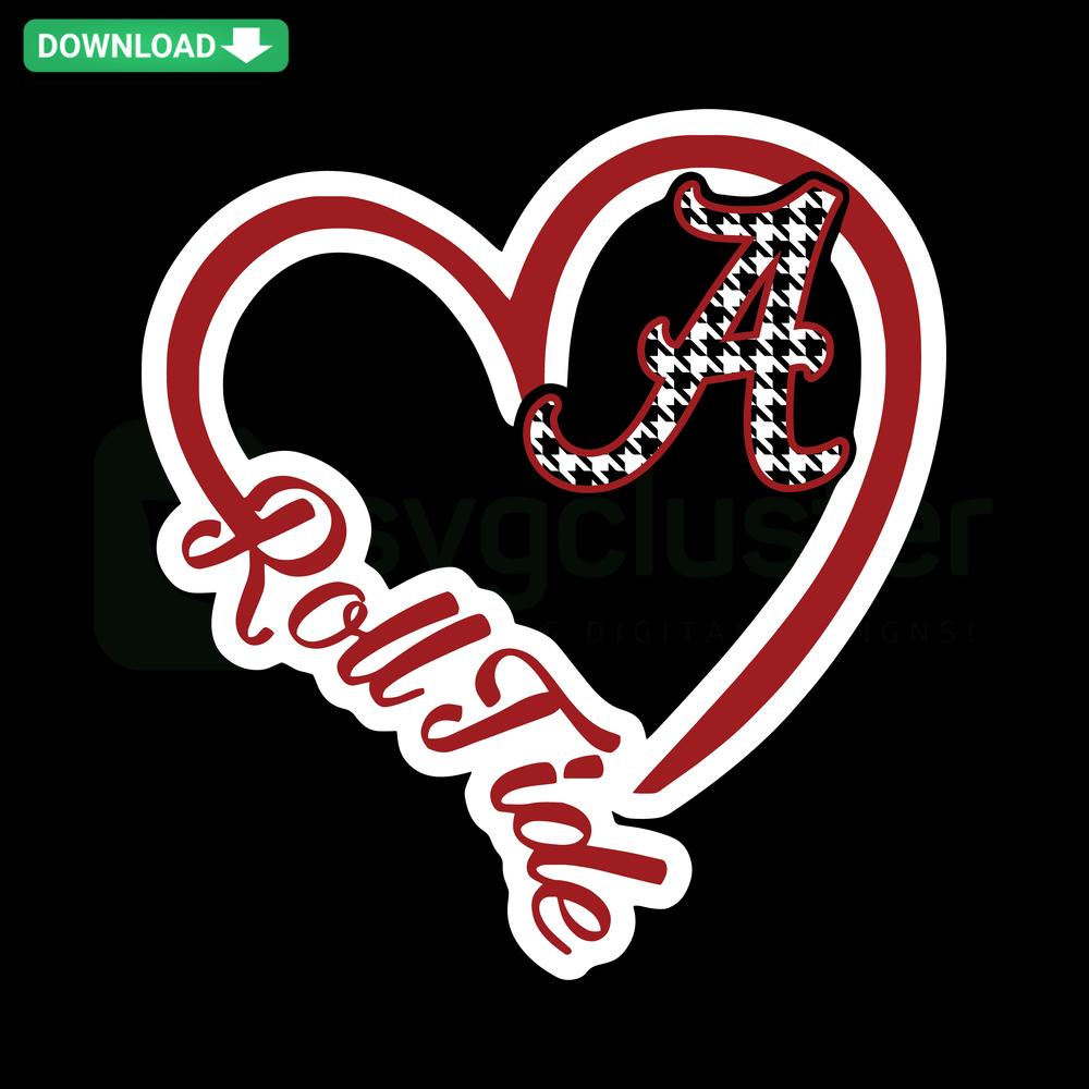 Alabama Crimson Roll Tide Heart SVG, vibrant red heart with team logo, perfect for digital designers, instant download.
