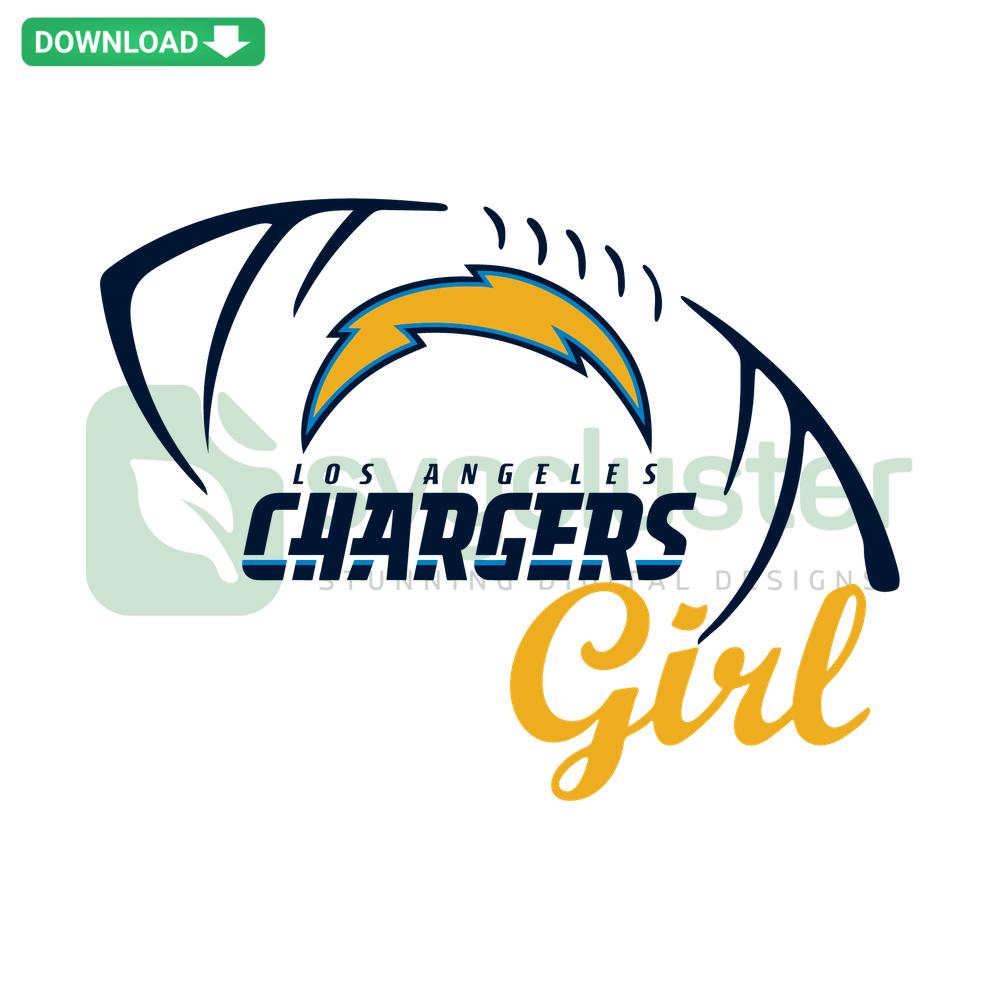Chargers Girl Football SVG Download: Cheerleader silhouette, lightning bolt, football icons, vibrant colors. Perfect for sports crafts.