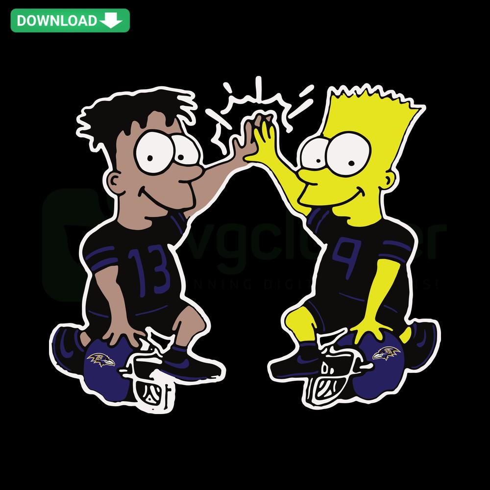 Bart Simpson wearing Baltimore Ravens jersey, holding football, SVG digital design download for sports fans, Simpsons theme.