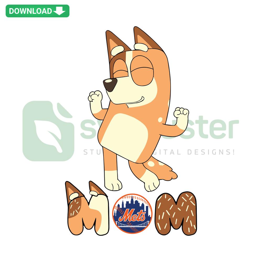 Bluey Mom New York Mets SVG Design: Baseball-themed Digital Download featuring Bluey's Mom in Mets gear. Perfect for fans.