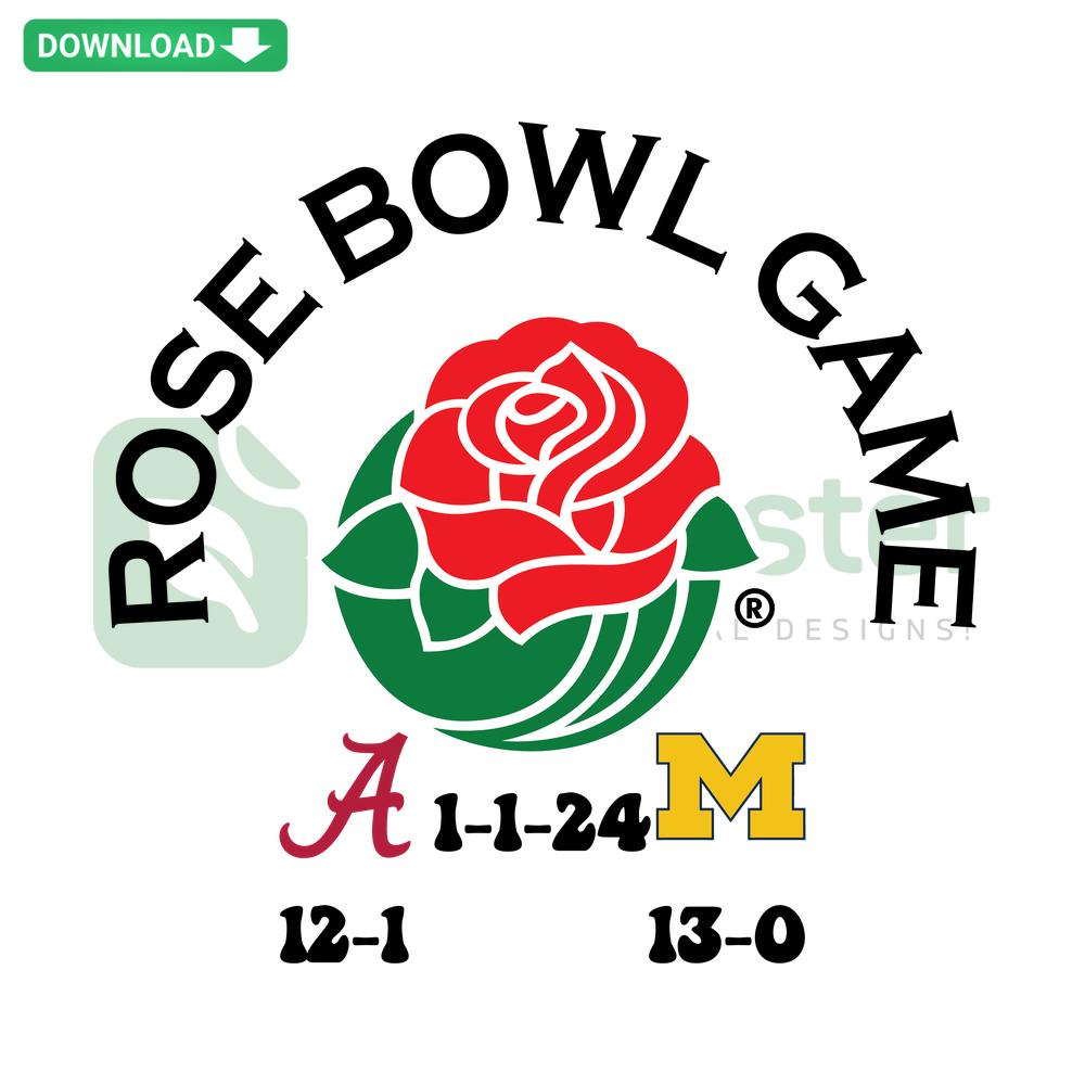 Rose Bowl 2024 Alabama vs Michigan SVG design featuring team logos and date, digital download for sports fans and designers.