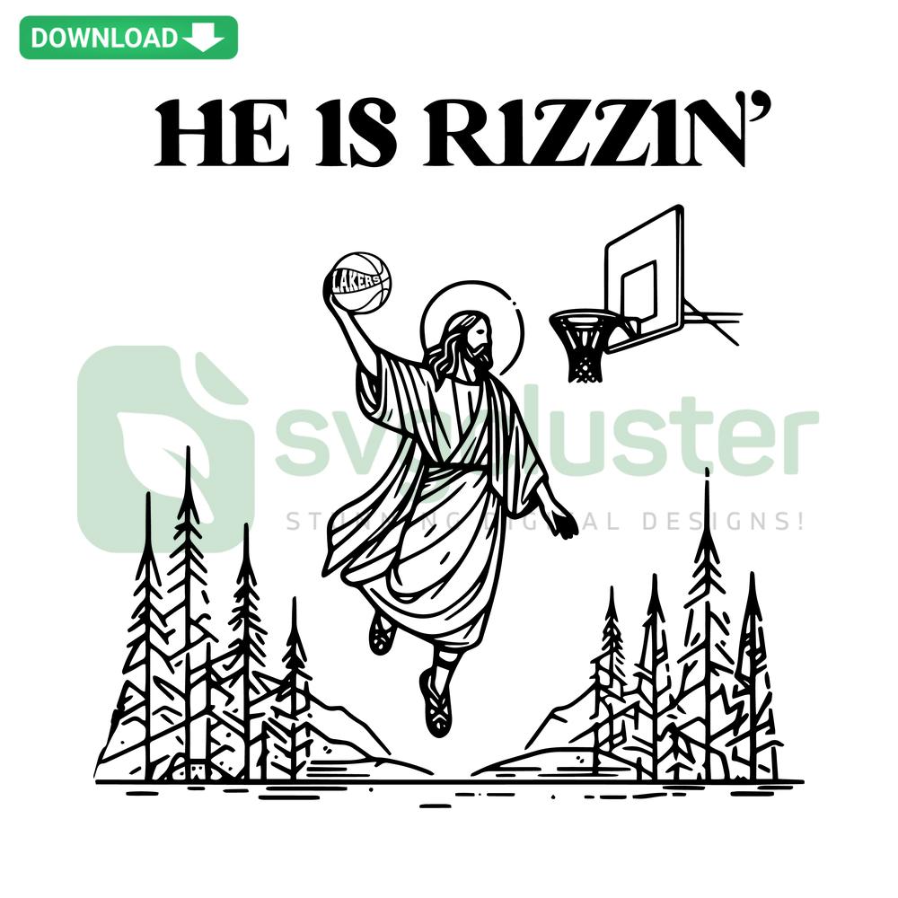 Easter SVG: Jesus playing basketball in Lakers jersey, He Is Risen themed. Vector design for humorous Easter crafts.