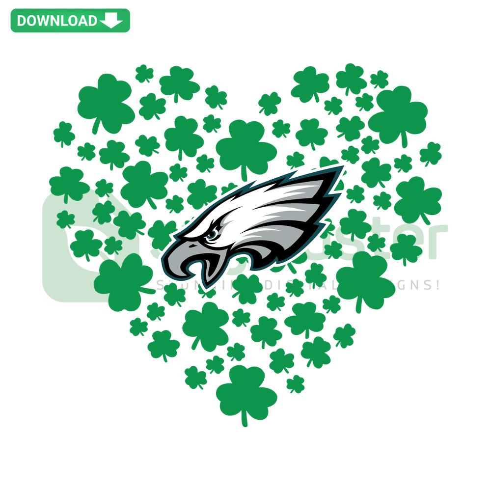 Clover Leaf St Patrick Day Philadelphia Eagles SVG, green shamrock with Eagles logo, digital file collection, festive design.