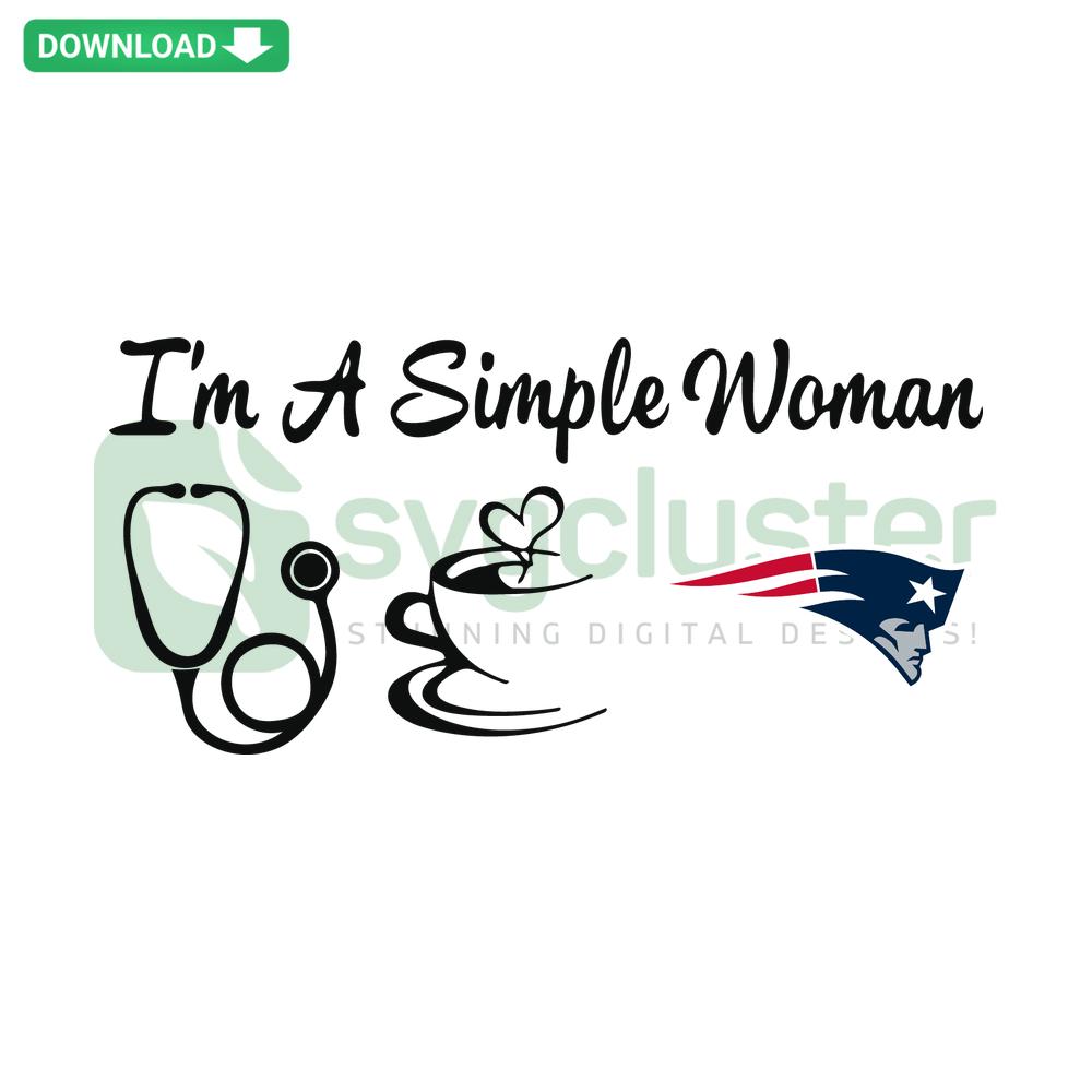 Patriots themed SVG with I Am A Simple Woman text, football, heart symbols; Cricut-ready digital download file.