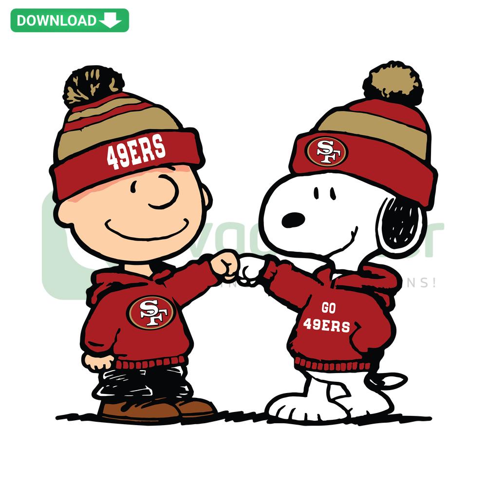 Charlie Brown Snoopy San Francisco 49ers Football SVG, printable digital assets with cartoon characters cheering for 49ers.
