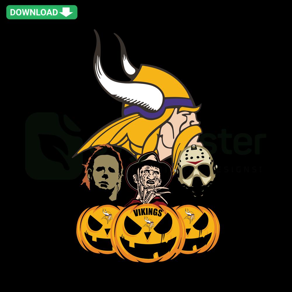 Minnesota Vikings-themed pumpkin with horror movie elements, Halloween SVG art, sports SVG clip art.