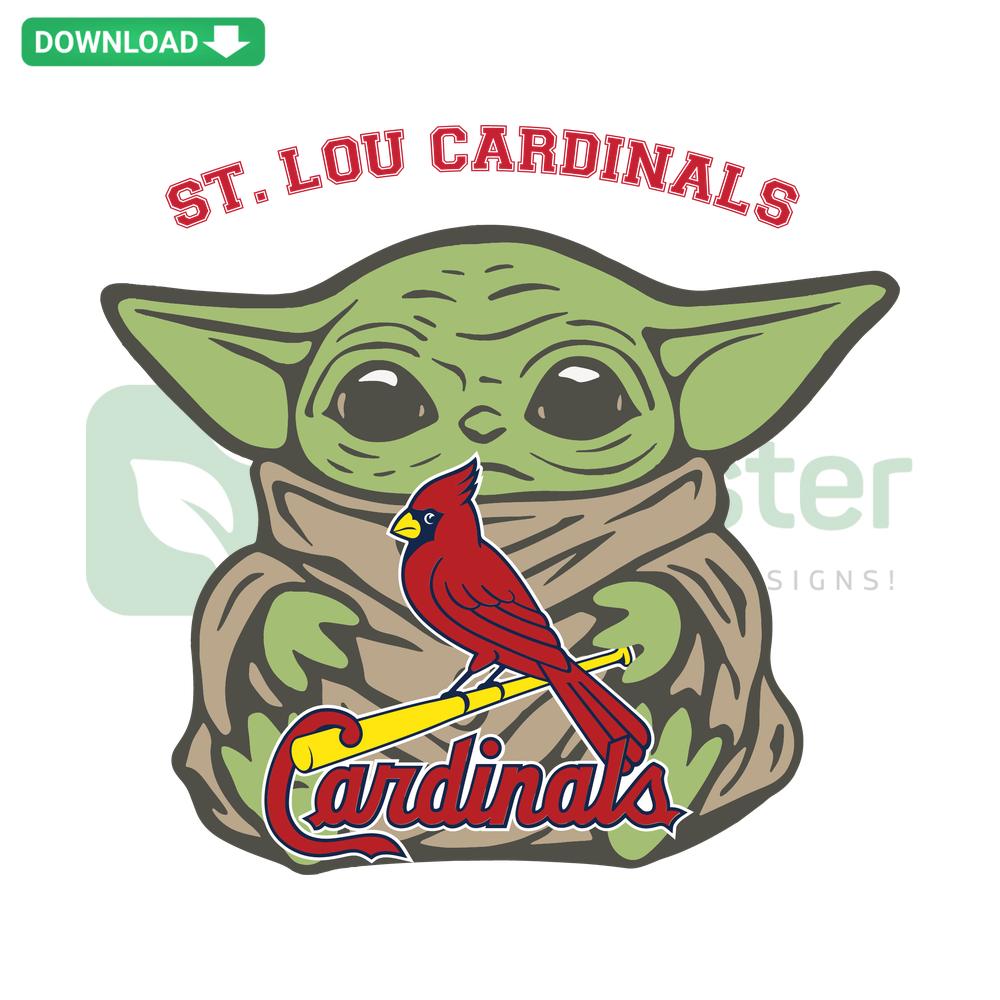 St Louis Cardinals Baby Yoda SVG, adorable design featuring iconic character in Cardinals cap, perfect for instant digital download.