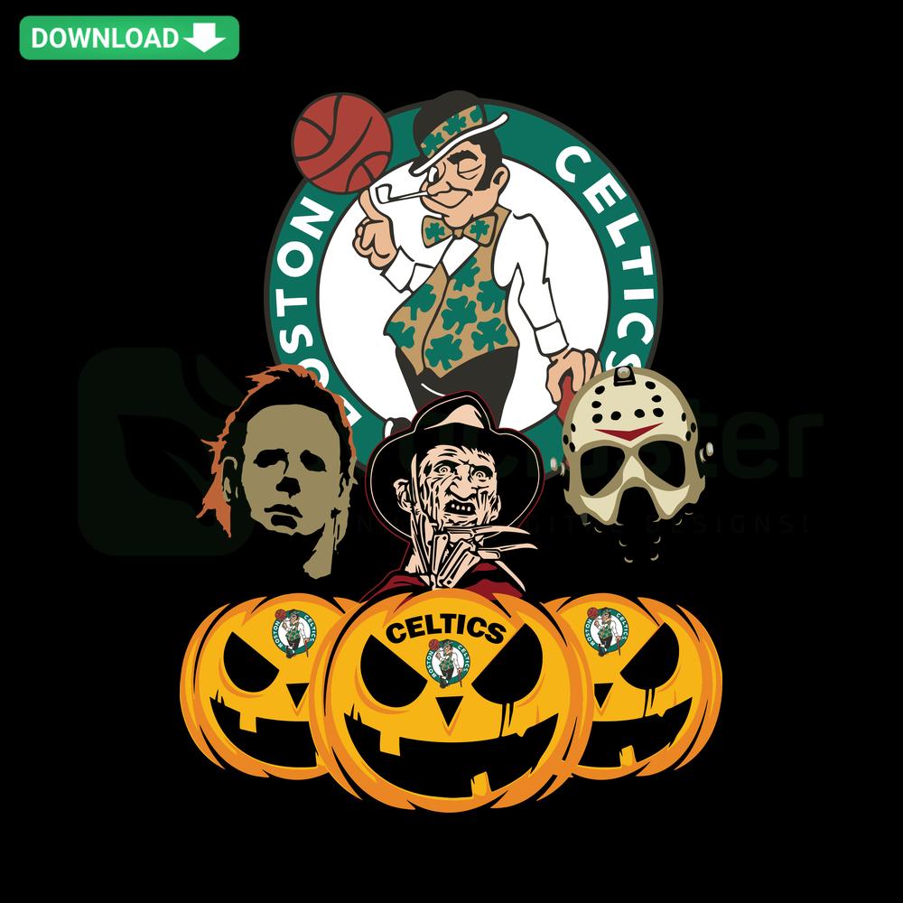 Boston Celtics logo carved on pumpkin with horror movie elements, Halloween SVG, SVGCluster Digital Assets.
