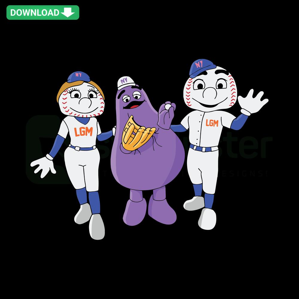 High-Resolution SVG: New York Mets with Grimace Monster, MLB Friends. Perfect for fans & collectors.