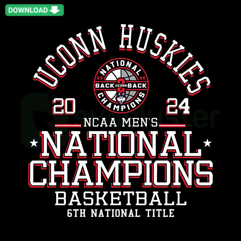 UConn MBB 2024 National Champions SVG, printable design featuring bold typography with team colors and basketball graphics.
