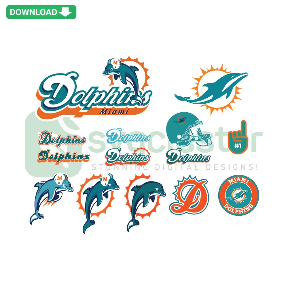 Miami Dolphins Football Bundle SVG Design featuring team logo, colors, resources for designers, NFL digital download.