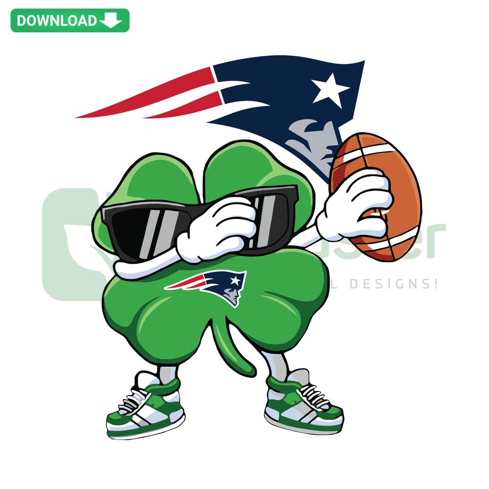 Dabbing Shamrock with New England Patriots helmet SVG, printable football design, vibrant St. Patrick's Day theme.