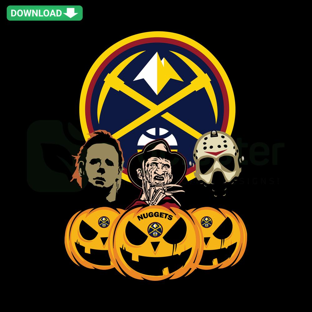 Halloween Horror Movie Pumpkin with Denver Nuggets Logo SVG for Cricut Silhouette, sports themed design, spooky basketball craft.