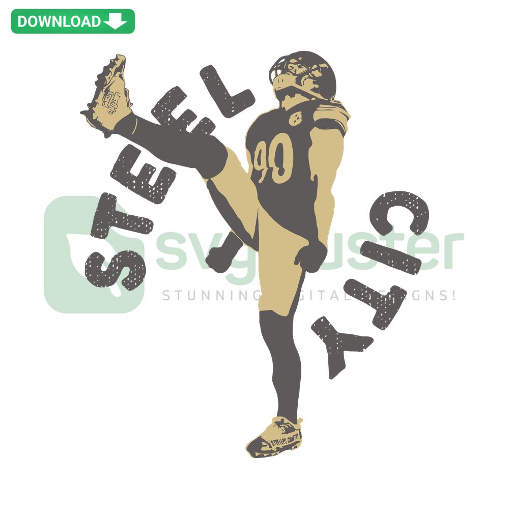 TJ Watt Steel City Pittsburgh Steelers SVG featuring football player silhouette, team logo, black and gold colors, instant download.